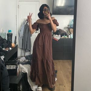 Brown puff arm linen maxi dress